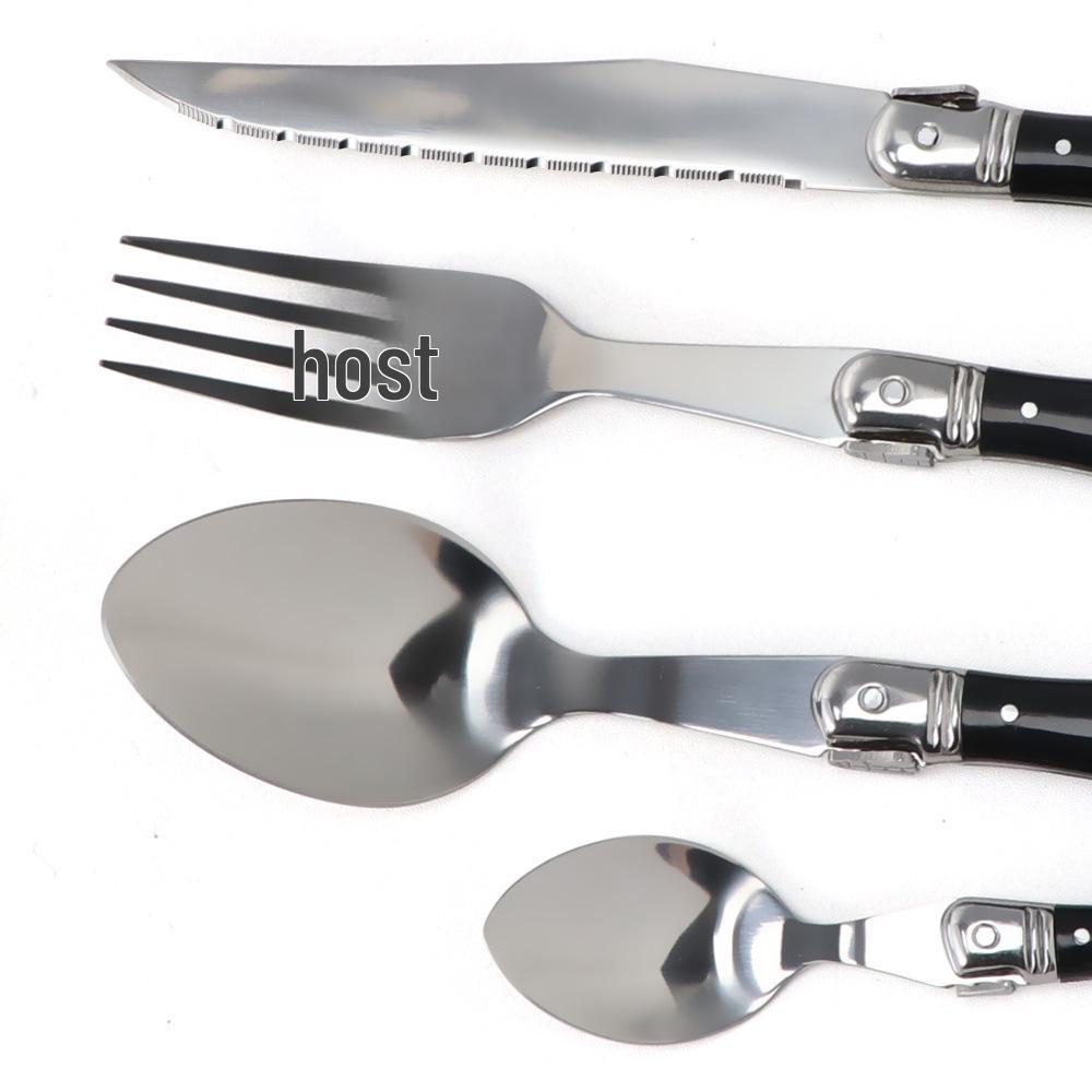 Set de tacâmuri din oțel inoxidabil cu mânere din plastic ABS - Include cuțit occidental, furculiță, lingură, cuțit pentru friptură, cuțit pentru cină și lingură pentru supă.