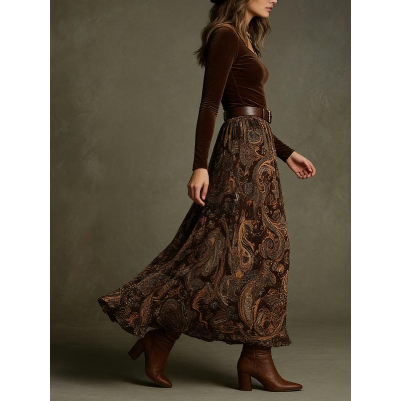 2026 Chic European & American Autumn Slim Top with Elegant Long Skirt and Retro Print, Belt Included