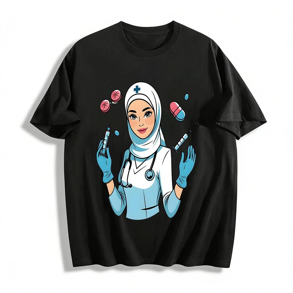 Muslim Nurse Themed Print Top Medical Element Casual T-Shirt Pure cotton T-shirt XXS