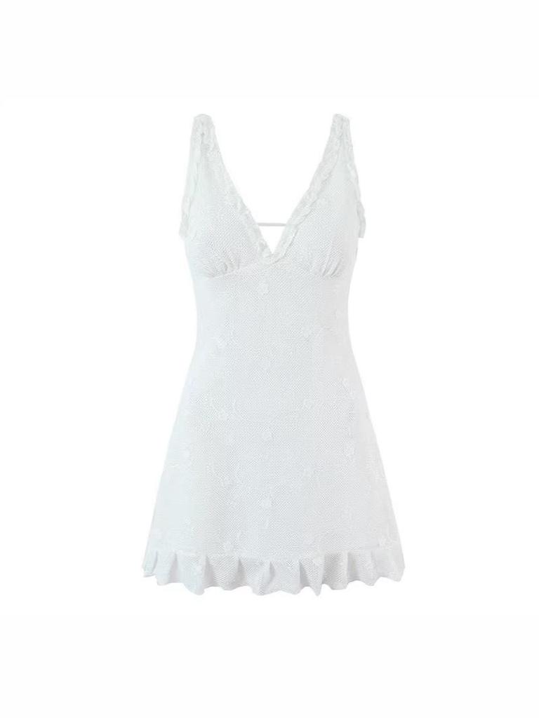 Design-Sense Women's V-Neck Mesh Embroidery Sleeveless Slim-Fit Open-Back Dress
