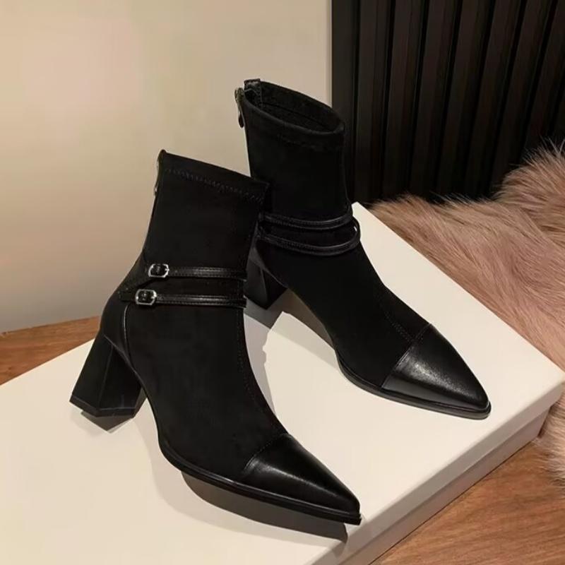 

Женские ботильоны на высоком каблуке «Челси», сексуальные туфли с острым носком, зимний тренд 2025 года, элегантные офисные туфли для ходьбы на толстом каблуке Botas Mujer 35
