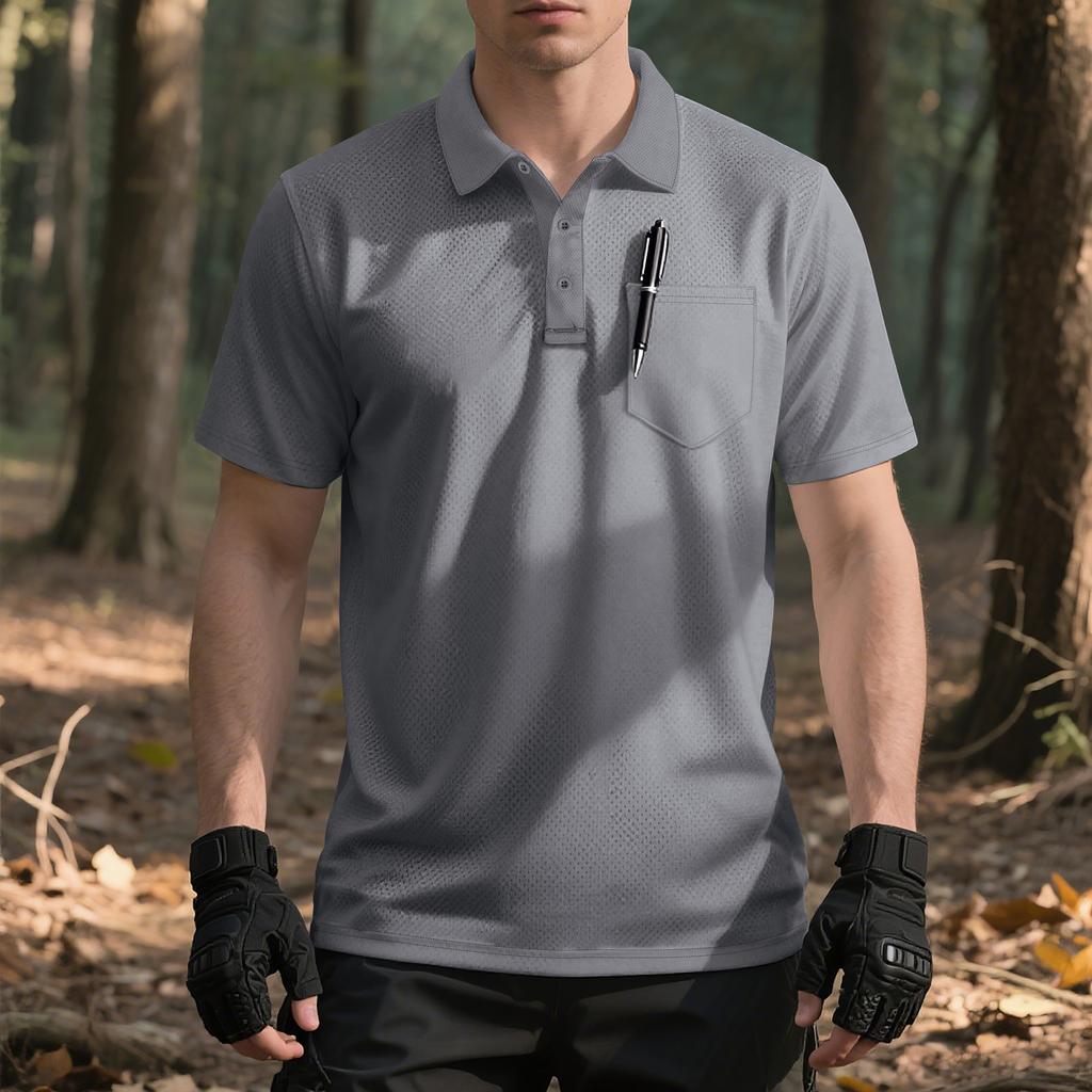 European and American Men's Summer Solid Color Lapel Loose Quick-drying Outdoor Tactical Pocket Short-sleeved Bird's Eye POLO Shirt T-shirt Men