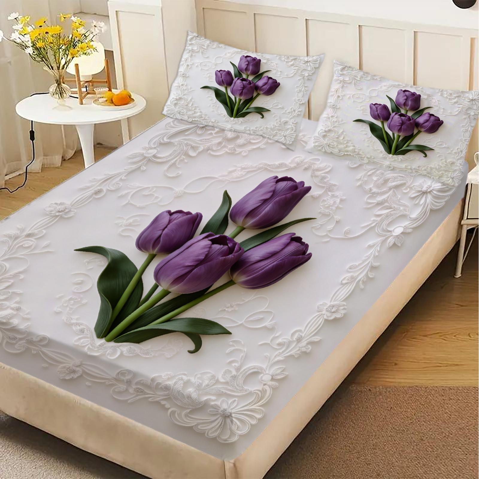 

Floral Embroidered Fitted Sheet Set White Purple Tulip Pattern Bedding With Pillowcases For Bedroom 150x200x25cm