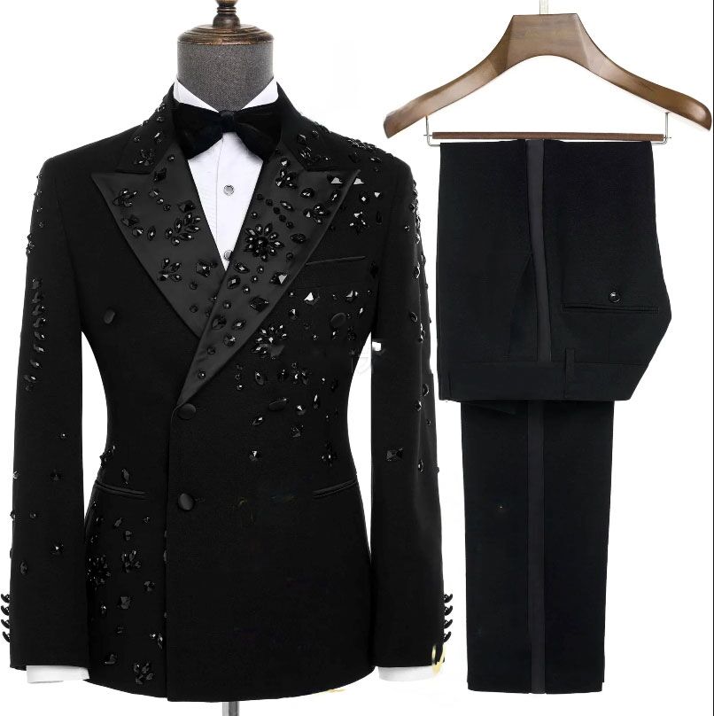 2025 New Elegant Luxury Men Suits Black Gold Double-Breasted Jewelry Ornament Shining Tuxedo for Wedding Party