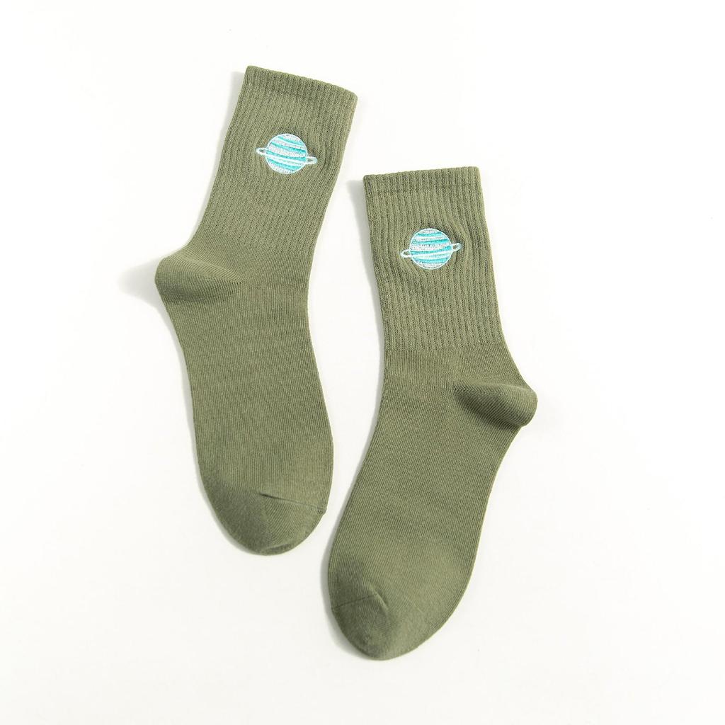 Trendy Women's Planet Embroidery Mid-Calf Cotton Socks - Korean Academy Style