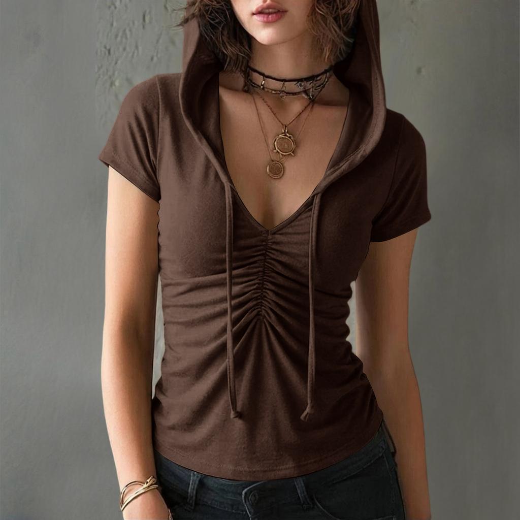 Women Slim Fit V Neck Hoodie Top Short Sleeve Casual Stretchy Ruched Front T Shirt Lightweight Soft Fabric