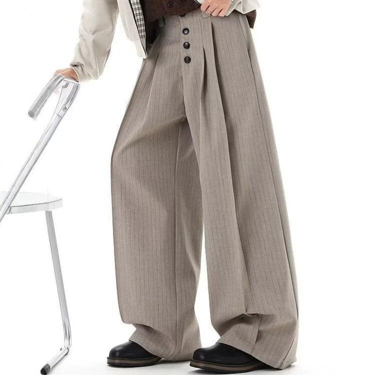 American striped straight pants men's retro long-breasted buckle versatile old money style couple casual pants