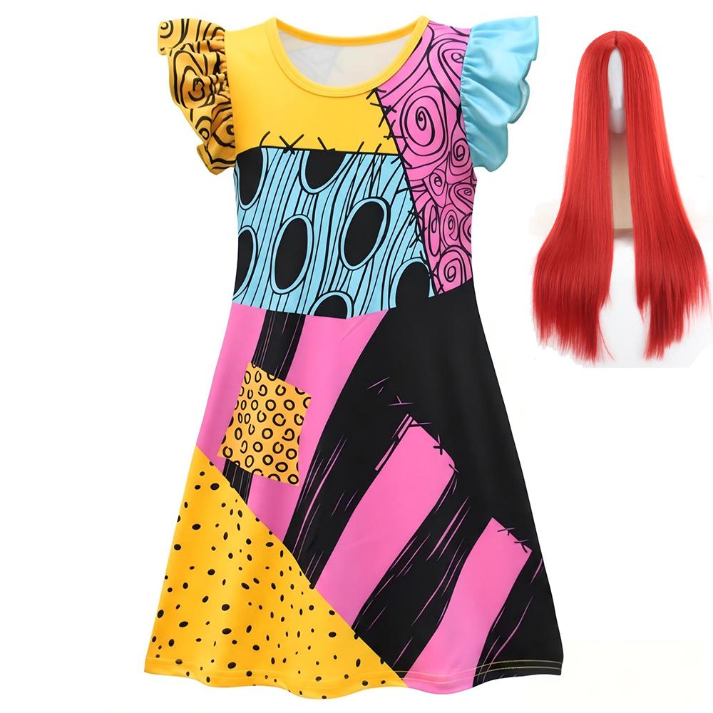 Girls Sally Cosplay Dress The Nightmare Before Christmas Print Gothic Outfit Halloween Carnival Fancy Stage Party Horror Costume
