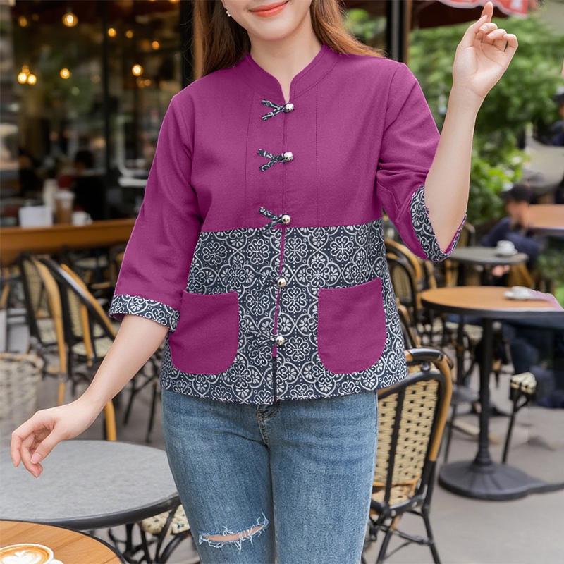 

ZANZEA Women Casual Retro Print Patchwork Loose 3/4 Sleeve Blouse S фиолетовый