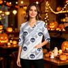 Damen Casual Uniform Top mit Halloween-Print, V-Ausschnitt, Taschen, Seitenschlitz und Dreiviertelärmeln
