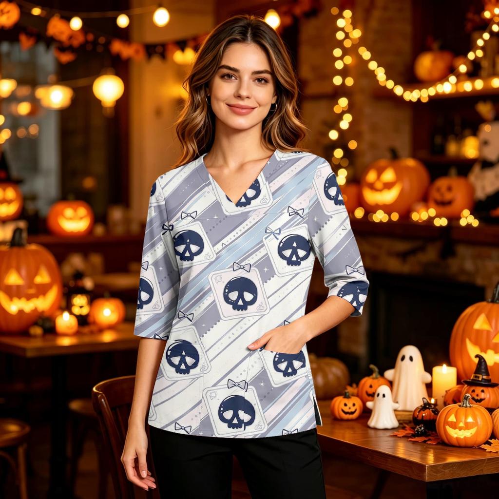 Damen Casual Uniform Top mit Halloween-Print, V-Ausschnitt, Taschen, Seitenschlitz und Dreiviertelärmeln