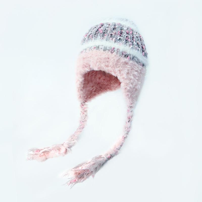 

Ethnic style small fragrant style striped splicing plush wool Lei Feng hat women s autumn and winter thickened warm braid ear protection hat tide M（55-58cm）