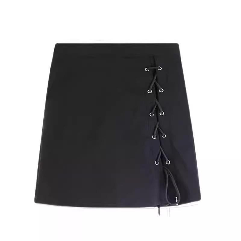 Wiosenna spódnica damska z wysokim stanem, czarna, w kształcie litery A: Modny krótki pasek