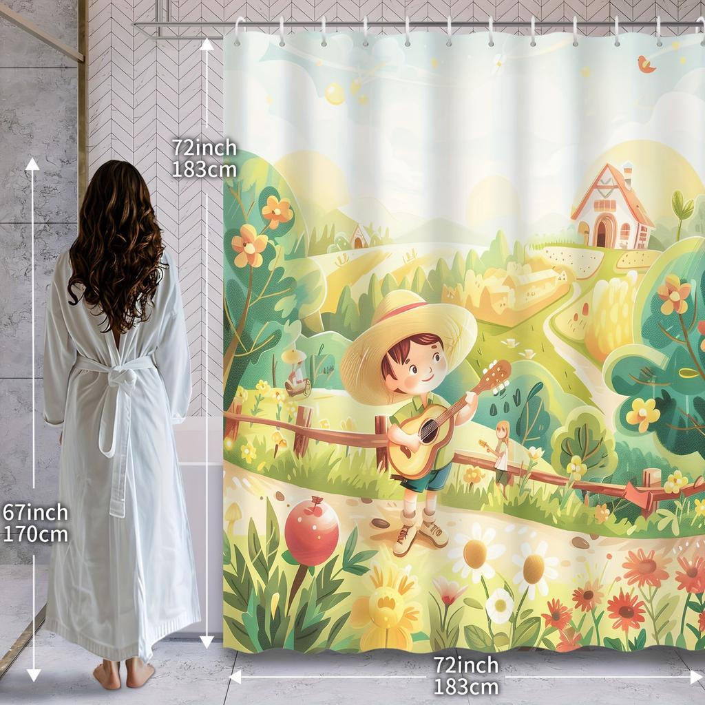 Shower Curtain: Whimsical Boy Playing Guitar in a Scenic Village for a Cheerful and Playful Bathroom Decor