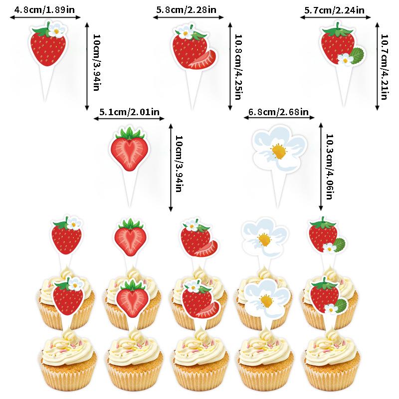 Holiday Birthday Party Cake Topper & Décor Set with Strawberry, Banner, Flowers, and Spiral Pendants