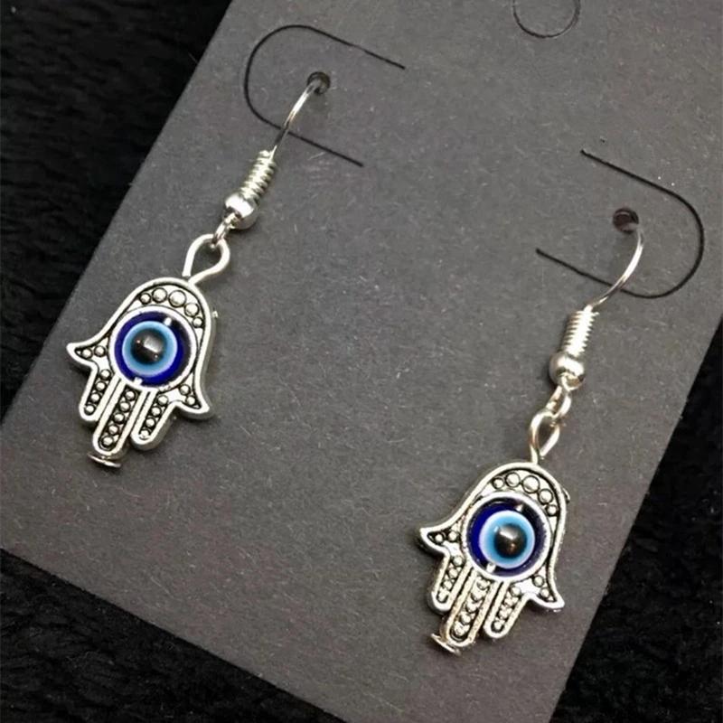 Vintage Silver Color Spiritual Protective Hamsa Hand & Blue Evil Eye Pendant Dangle Earrings for Women