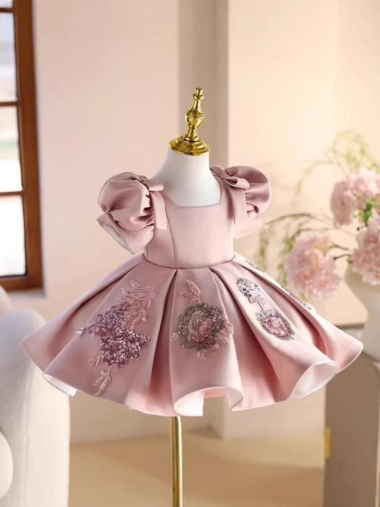 Piano Performance Flower Girl Princess Puff Sleeve Dress for Girls' Birthday and Wedding