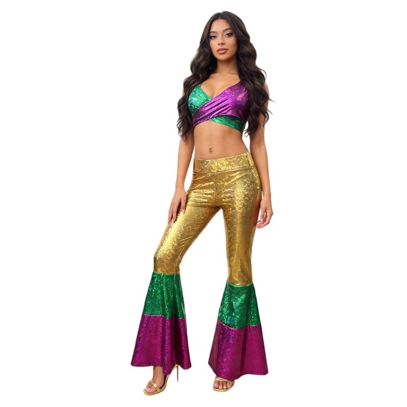 Disco Party Costume Set With Fashion Polyester Halloween Dance Costume And Matching Headpiece For Women