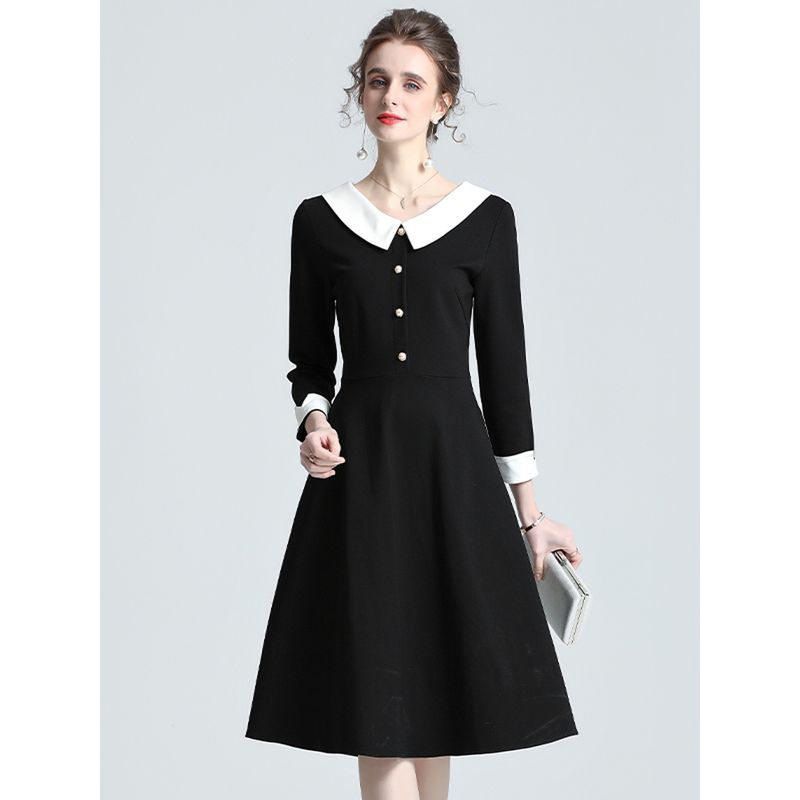 

Платье черное в стиле Хепберн с кукольным воротником, женское, осенняя новинка 2025 года, приталенное, стройнящее, черное платье средней длины, платье длинное Black 2XL