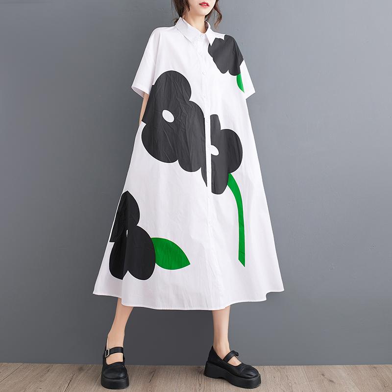 

DIMANAF 2025 Летнее Женское Платье Большого Размера Свободное Платье Леди Базовое Длинное Платье Винтажное Повседневное Платье с Цветочным Принтом Оверсайз Пуговица One Size белый