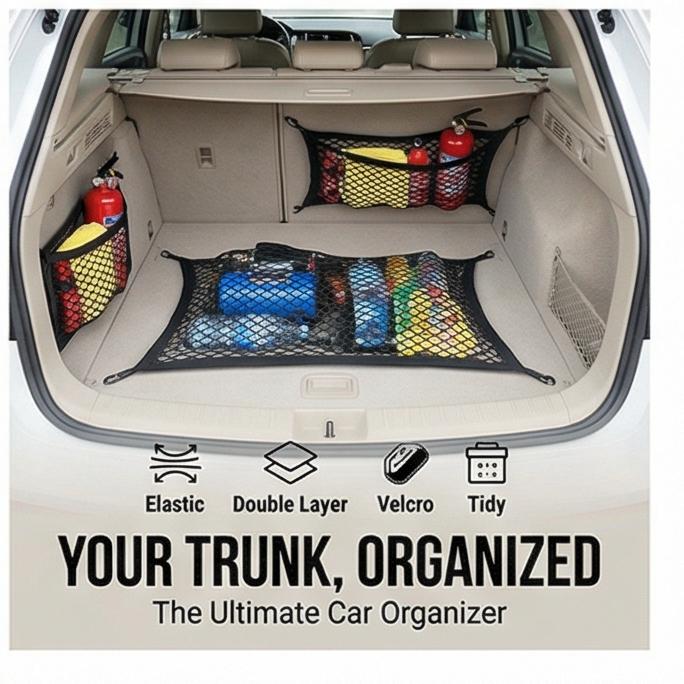 Car Trunk Mesh Organizer - Elastic Magic Tape Storage Net