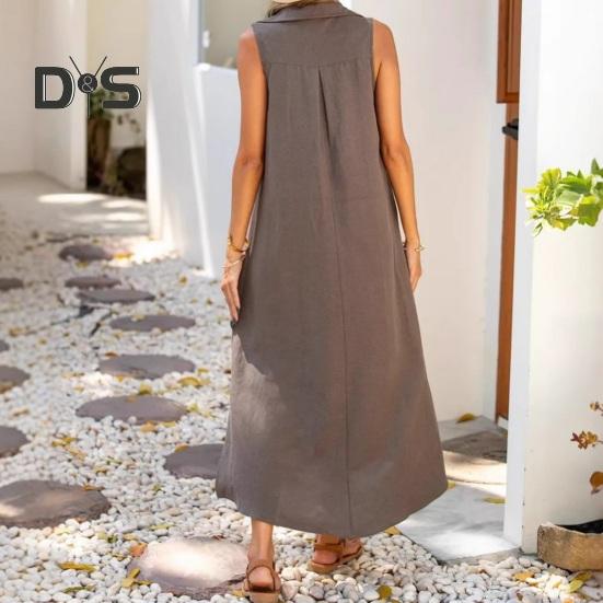 Women's Cotton Linen Maxi Dress Casual V-Neck Sleeveless Loose Tank Dress Summer Beach Long Split Sundress