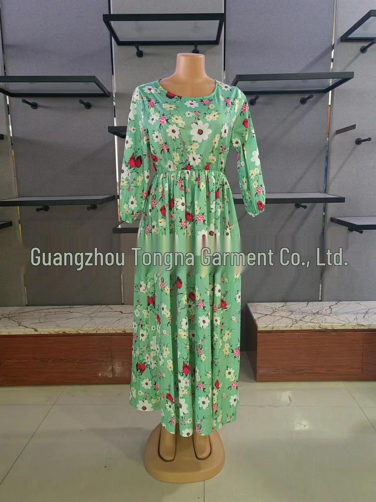 Retro Floral Long Dress with Round Neck and Large Swing - 2024 European & American Style