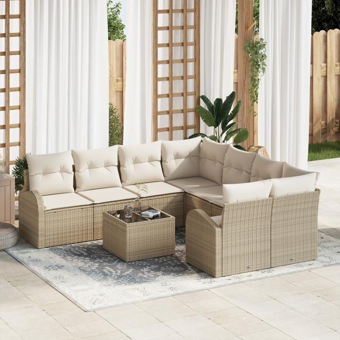 VidaXL Ensemble de Canapés de Jardin 9 pièces avec Coussins Beige Poly Rattan 3345981