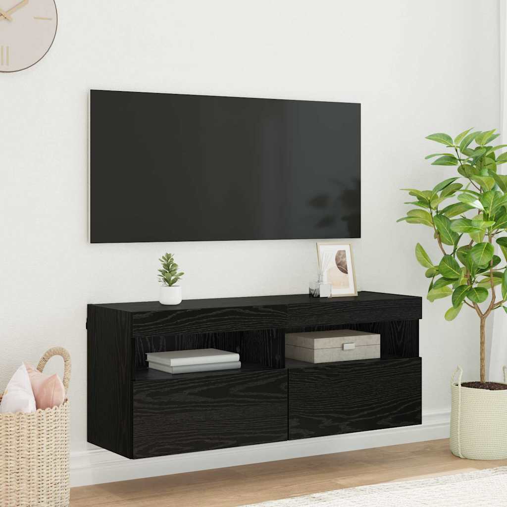 TV Wall Cabinet with LED Lighting Black Oak Effect 100 X 30 X 40 Cm