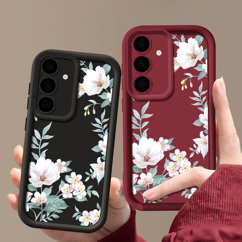 White Flower Pattern Matte TPU Soft Phone Case For Samsung S25 Plus S24 FE S23 Ultra S22 A56 A36 A16 A15 A55 A06 A05 A35 A34 Shockproof Bumper Cover