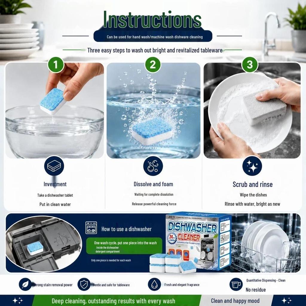 Effervescent 5-in-1 Dishwasher Tablets: Dissolve Grease, Soft Water Salt, & Cleaner.