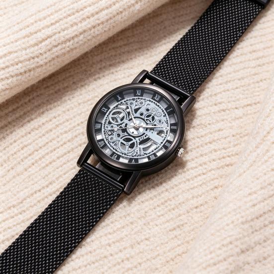 Men Hollow Round Dial Watch Vintage Casual Formal Dress Watch Quartz Movement Wristwatch Fashion Jewelry Accessories