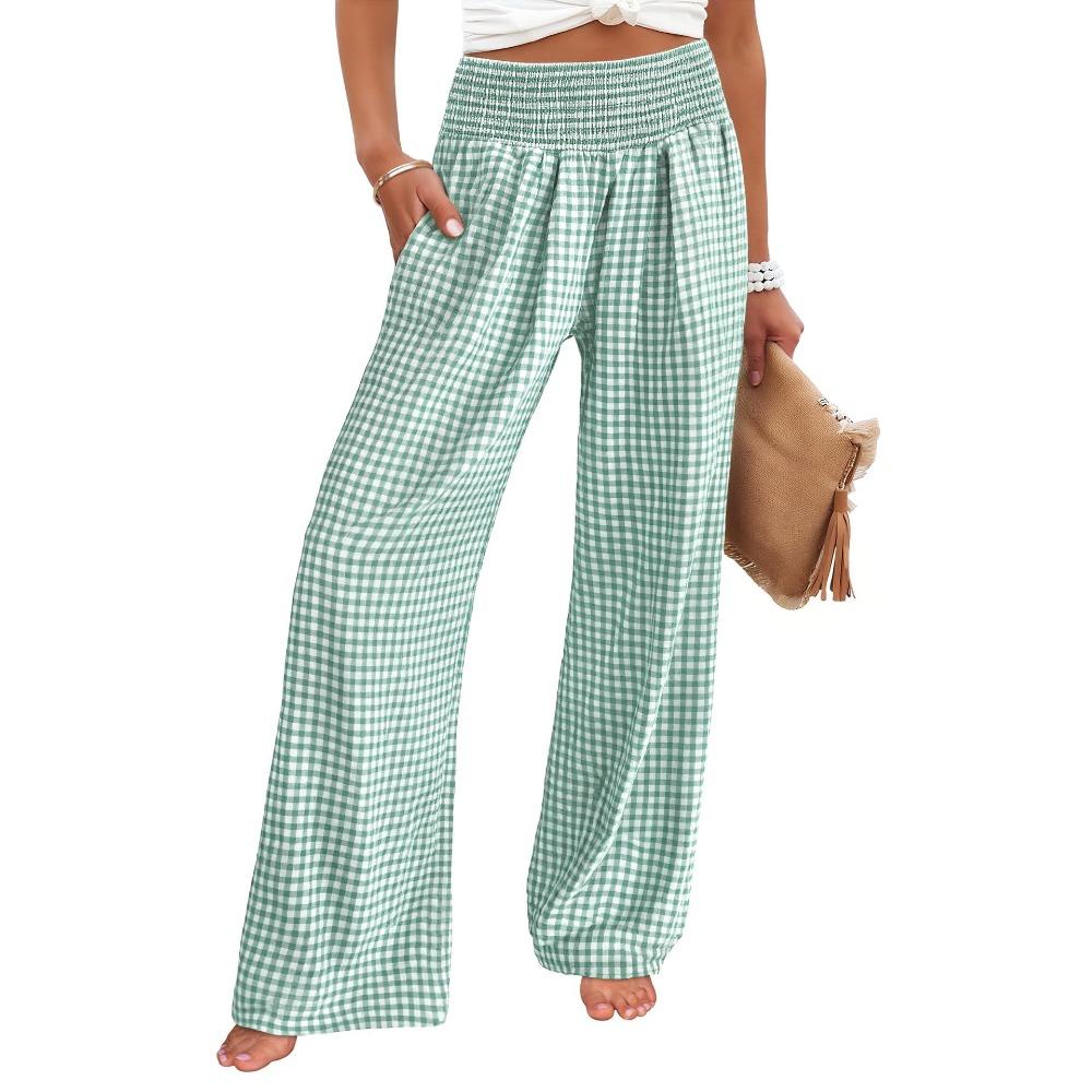 Plaid Wide-leg Pants, High-waisted, Slimming, Fashionable and Casual, Stretched-waist Pocket Trousers