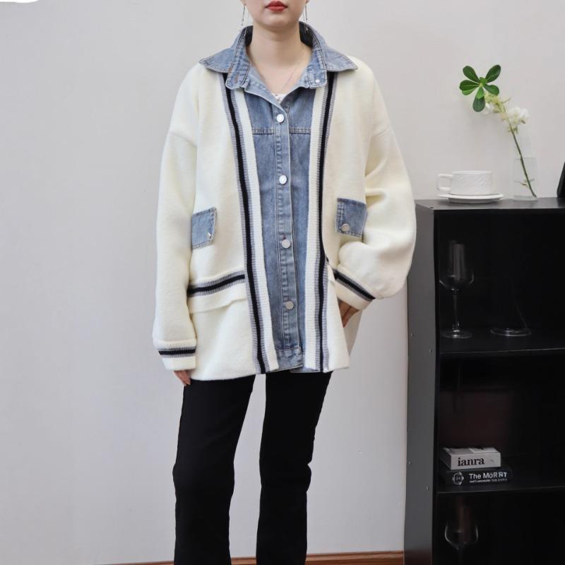 Autumn and Winter New Medium and Long Spliced Denim Knitted Double-sided Cardigan Loose Design Sweater Jacket Women
