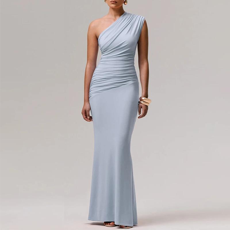 Elegante Abito Maxi Sexy Monospalla Arricciato Donna Moda Scollo Diagonale Senza Maniche Schiena Scoperta Bodycon Abito da Sera Club