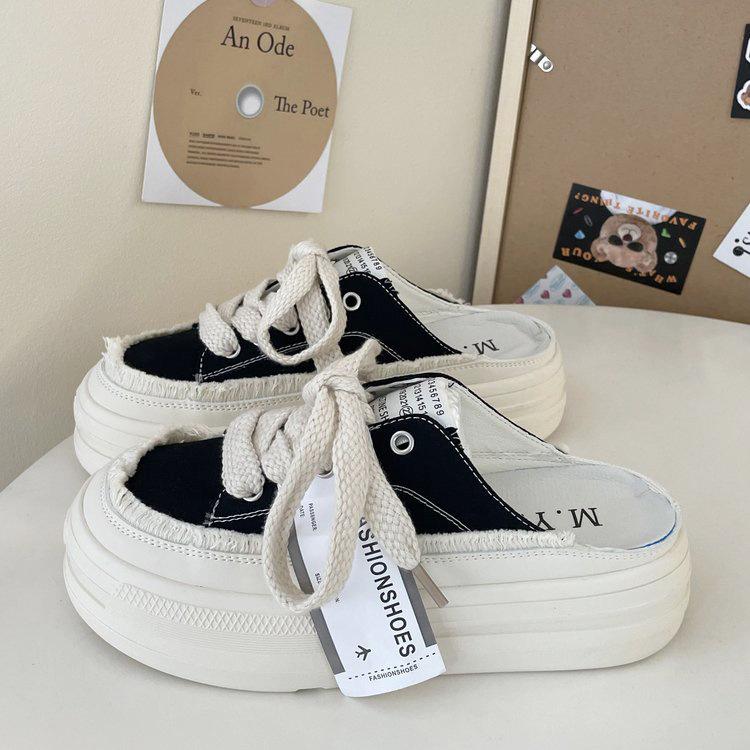 Yiyuan one-pedal biscuit bag head half slippers women's 2025 summer new thick-soled heightening beggar canvas casual shoes