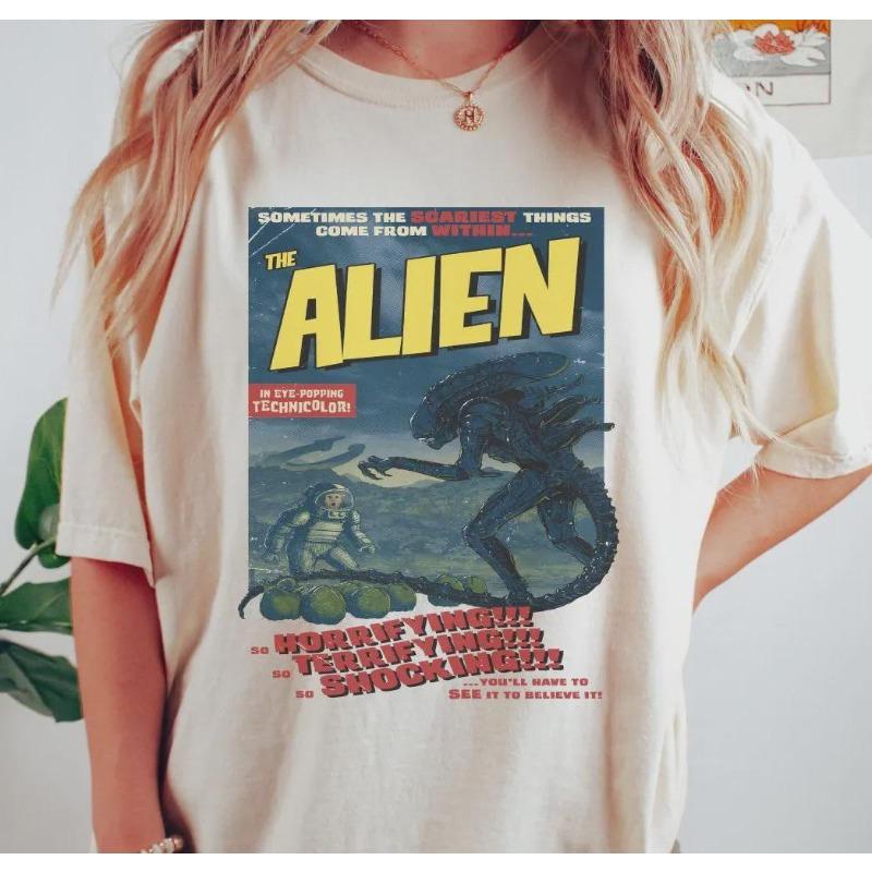 

Retro Alien Movie Tshirt Retro Horror Pattern Tshirt Summer New Retro Unisex Casual Fashion Y2K Tshirt S