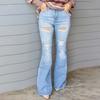 Neuer Eingang Vier Jahreszeiten Sehr Dehnbar Damen Zerrissen Schlaghose Denim Jeans Hoher Bund Elegant Knopf Dame Lange Denim Hose