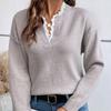Autumn and Winter Fashion Lace V-neck Sweater Solid Color Loose Long Sleeve Women's Knitted Sweater