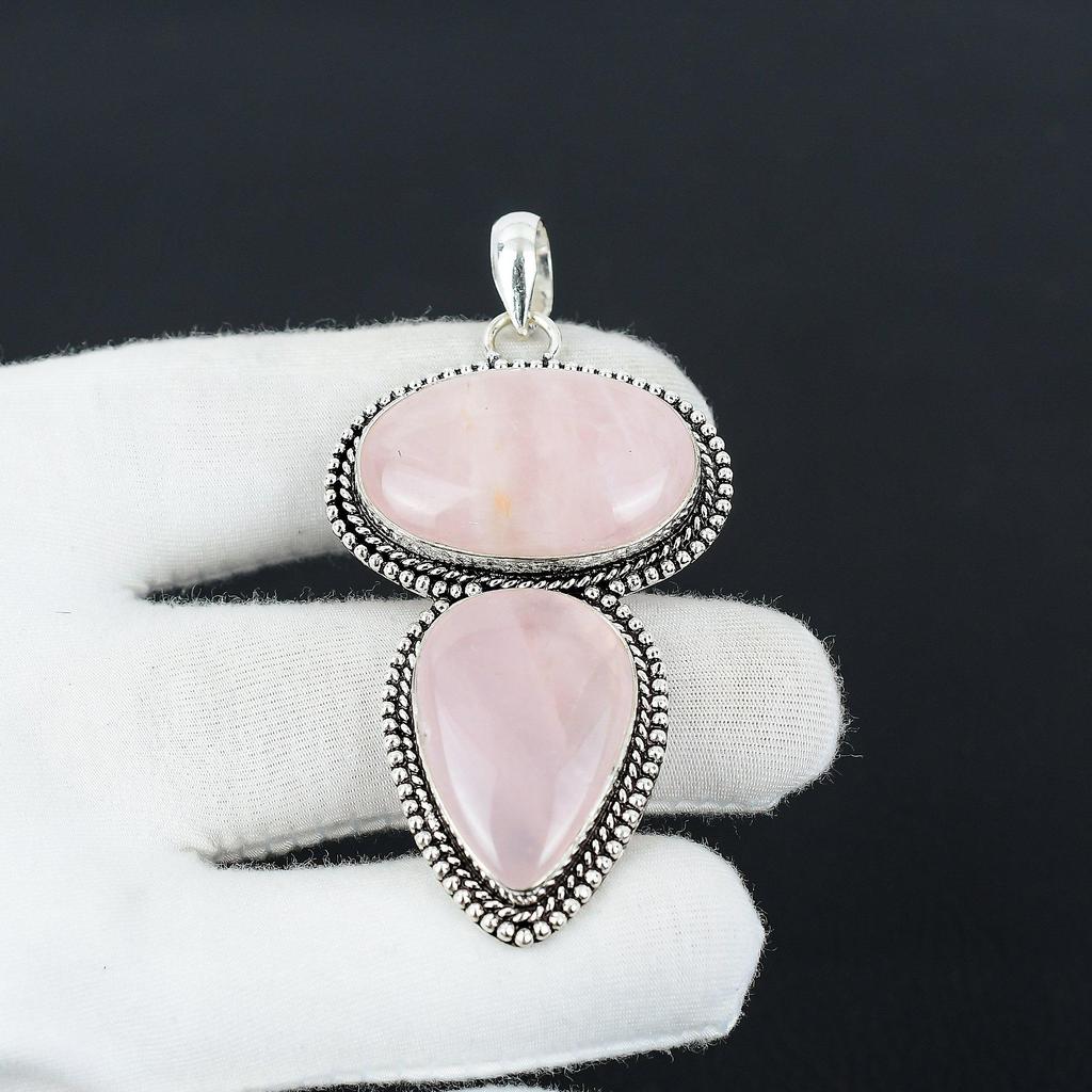 Natural Rose Quartz Gemstone Handmade 925 Sterling Silver Jewelry Pendant, Double Stone Pendant, Holiday Gift for Her Jewelry for Special Occasions