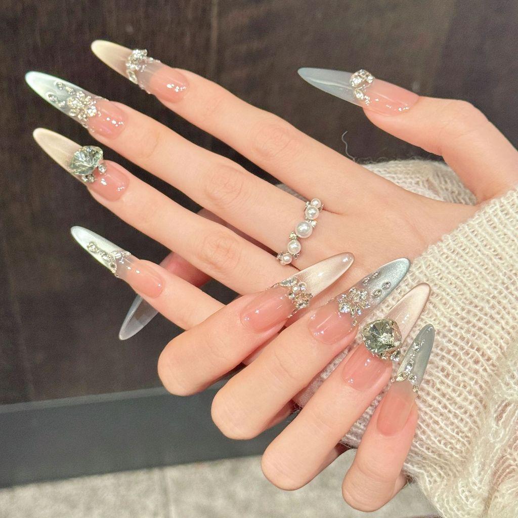 Handmade Press On Nail French Gentle Sparkling Ice-clear Cat Eyes 3D Diamond Light Luxury Long Oval/Stiletto Fake Nail Patch Artificial Nail Reusable
