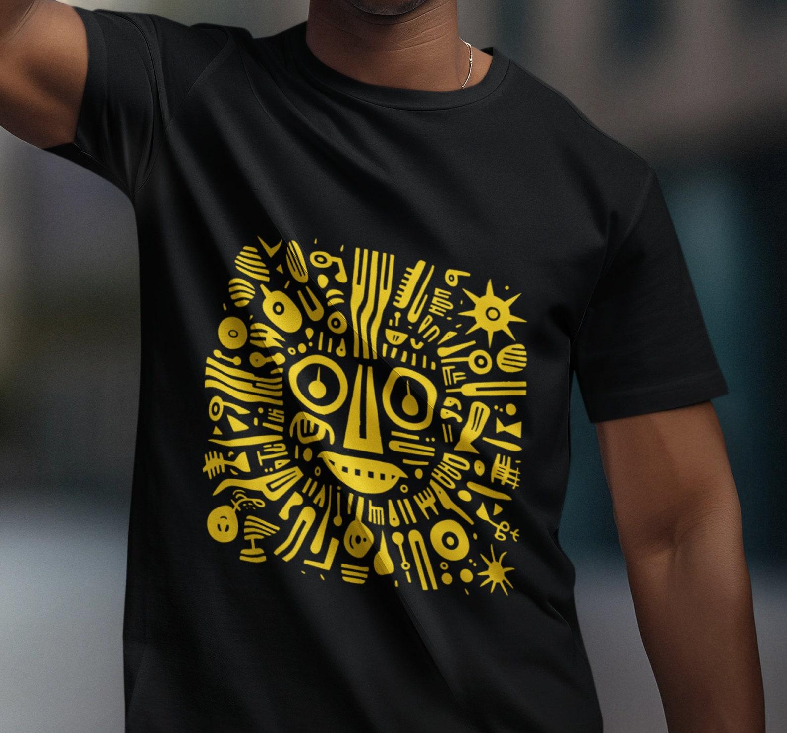 Golden Sun Face T-Shirt: Linocut Abstract Celestial Design 2XL