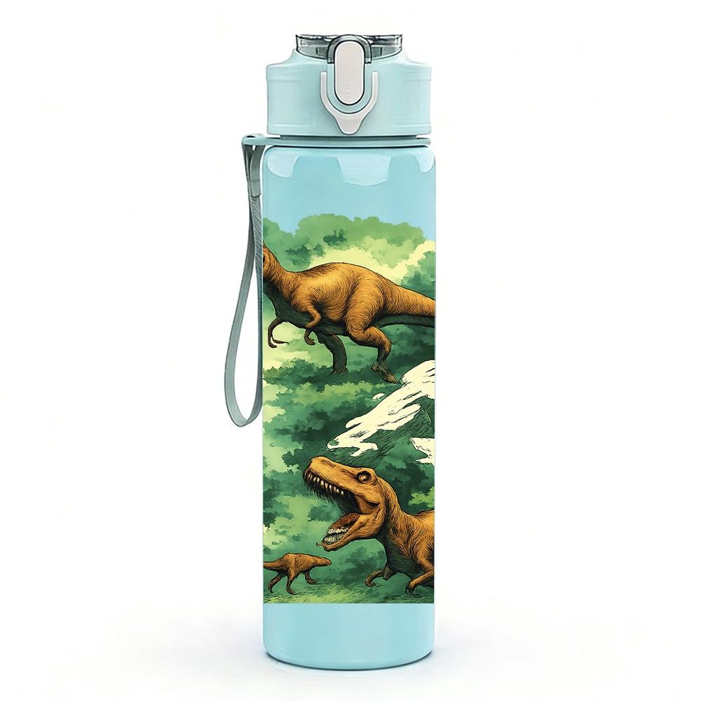 1PC Jungle Dinosaur Group Print 750ml Color Plastic Sports Water Bottle Leakproof Flip Straw Lid Suitable for Sports Office Home Use