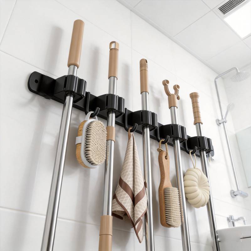Moderner Edelstahl-Wischmopp-Haken Wandhaken mit doppelter Nutzung Bohrerfreies Design für die Organisation zu Hause
