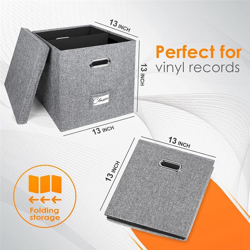 A25F-For 100+ Single Records Organizer 13 Inch Vinyl Record Storage Boxes With Lids And Handles, LP Record Box 2Pcs
