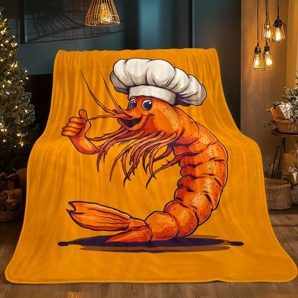 1 Stück Kochgarnele auf orangefarbener Flanelldecke - Leichte, weiche & warme Überwurfdecke für Sofa, Bett oder Stuhl - Lebendiger Digitaldruck, Perf