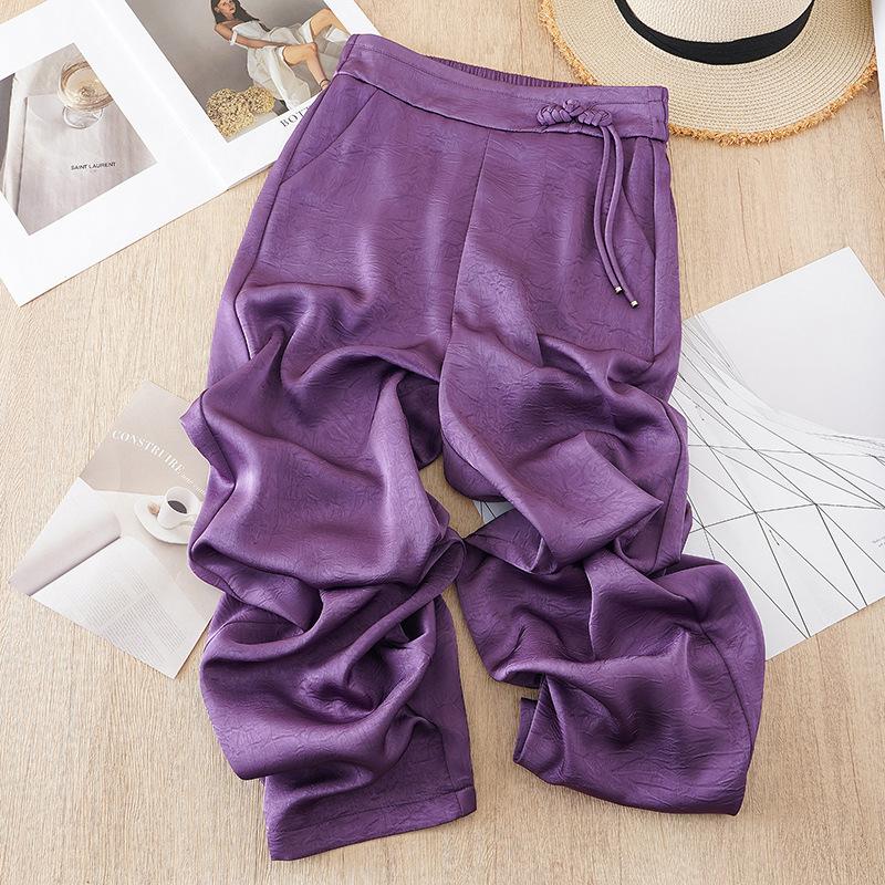 Kalhoty se širokými nohavicemi pro ženy v létě z ledového hedvábí, chladivé kalhoty s rovnými nohavicemi, nový čínský styl, potištěné kalhoty na knoflíky