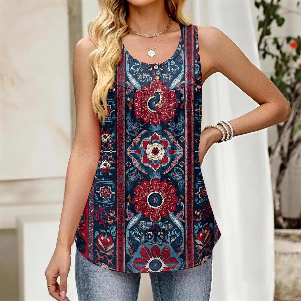 Canottiera da Donna Senza Maniche con Tessuto a Strisce Floreali, Bottoni Frontali, Scollo Rotondo, Vestibilità Larga, Canottiera Casual