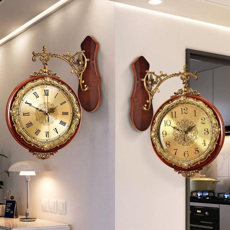 Wooden Wall Clock Living Room Double-sided Clocks Vintage Room Decoration Luxury Wall Watch Silent Entrance Hall Decoration