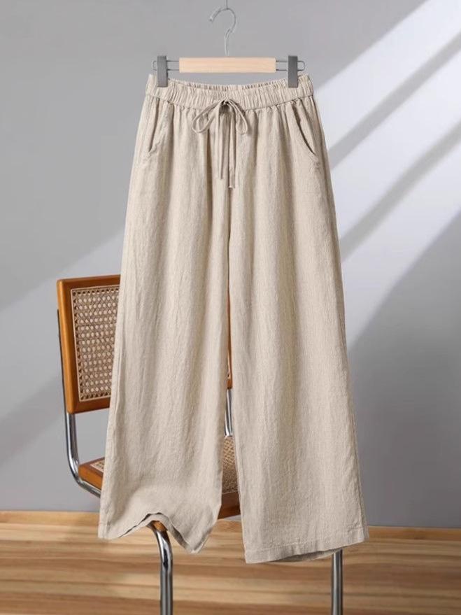 Hohe Taille Baumwolle Leinen Damen Weite Beine Verkürzte Hosen - Koreanischer Stil, Große Größen, Kordelzug, für Frühling, Sommer, Herbst